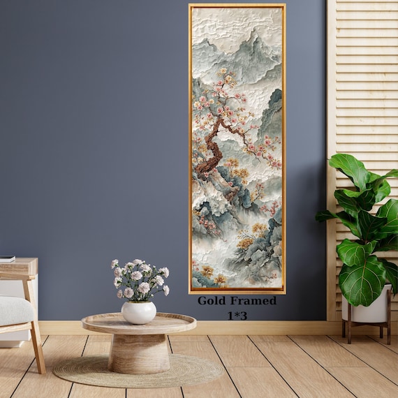 Long Narrow Golden Floral Abstract Canvas Art, Japanese Cherry Blossom & Foggy Mountain Tall Narrow Wall Art