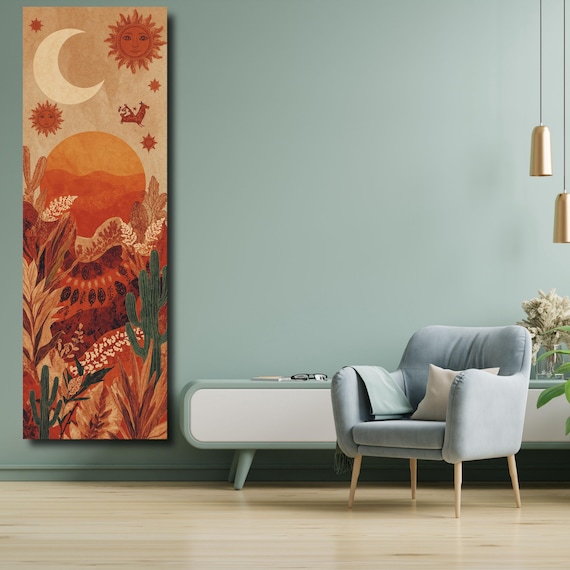 Long Narrow Canvas Wall Art Boho Sun Moon Star Canvas Wall Art – Mystical Celestial Bohemian Decor