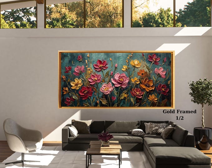 Vintage Wildflower Field Canvas Wall Art – Dark Green Botanical Cottagecore Decor