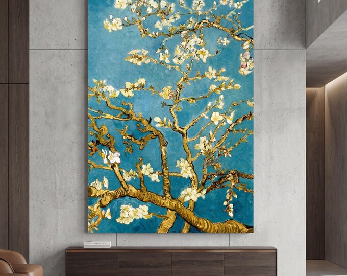 Vincent Van Gogh Almond Blossoms Style Canvas, Vertical Floral Wall Art, Reimagined Modern Blossom Print,Gold and Blue Flower Art