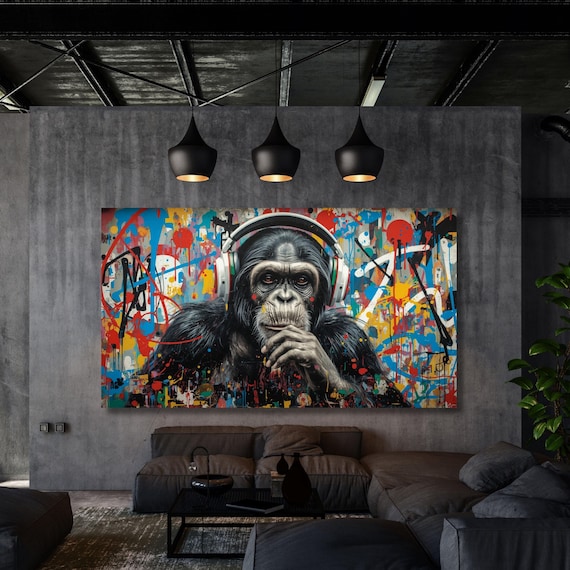 Banksy DJ Monkey Canvas Wall Art Cool Graffiti Style Chimp Print Street Art Decor for Music Lovers Game Room or Teen Bedroom Chimp Poster