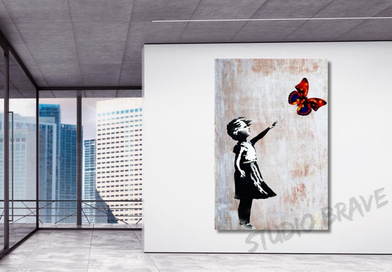 Colorful Butterfly Girl Canvas Wall Art, Banksy Street Art, Trendy Wall Decor, Christmas Gift Banksy Wall Art, Graffiti Wall Art Gift Canvas