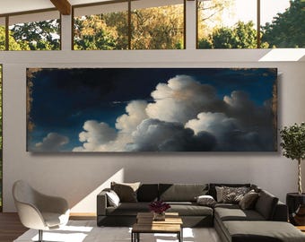 Panoramic Cloud Canvas Art, Blue Abstract Sky Print, Minimalist Indigo Decor