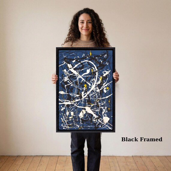 Jackson Pollock Blue Abstract Canvas, Large Action Painting Mural, Modern Style Expressionist Drip Art