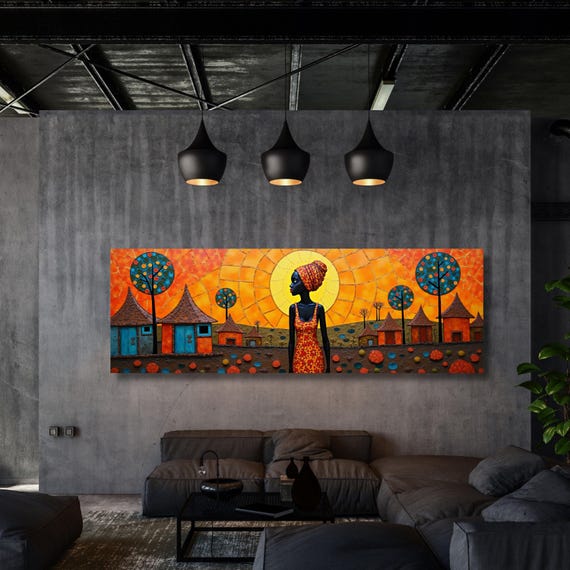 Panoramic Traditional African Village Scene Canvas Wall Art Cultural Canvas Wall Art Unique Gift Home Decor Ethnic Afrocentric Wall Art gift