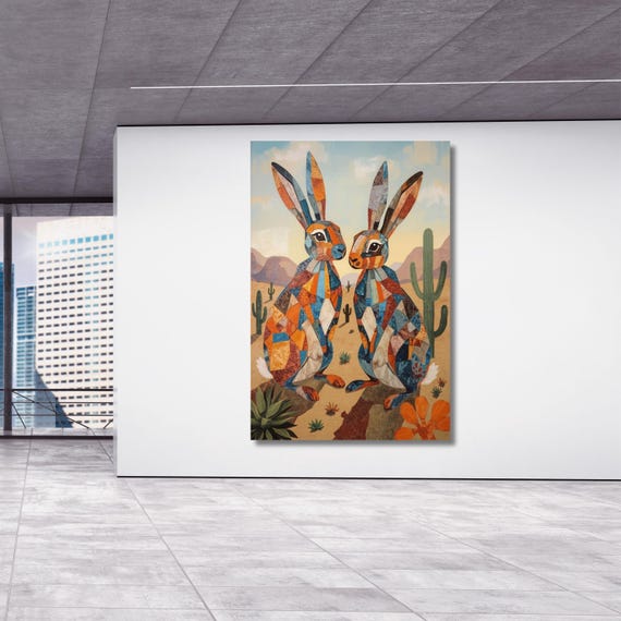 Talavera Jackrabbits Desert Canvas Print Farmhouse Wall Art Eclectic Boho Decor Retro Texas Nature Artwork Vintage Animal Wall Accent Art