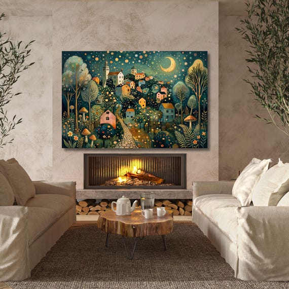Klimt Style Whimsical Night Village Canvas Wall Art – Moonlit Forest Landscape Fantasy Decor