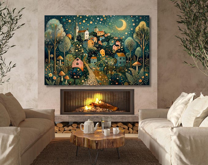 Klimt Style Whimsical Night Village Canvas Wall Art – Moonlit Forest Landscape Fantasy Decor