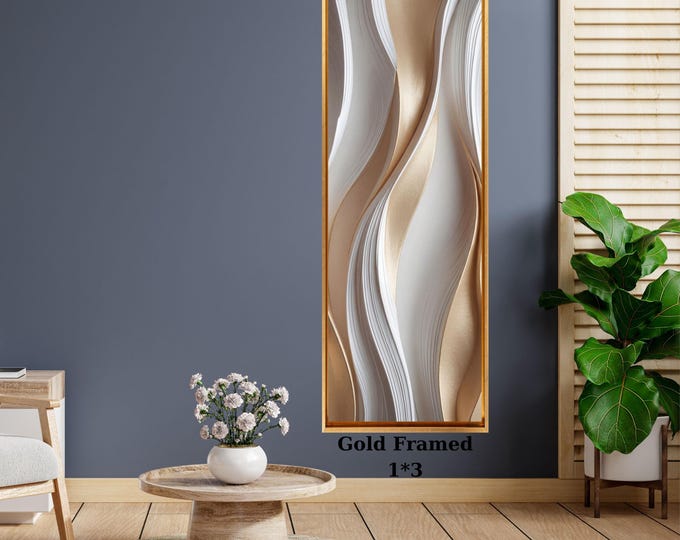 Long Vertical Beige Abstract Wall Art, Wave Canvas Print, Modern Minimalist Narrow Decor