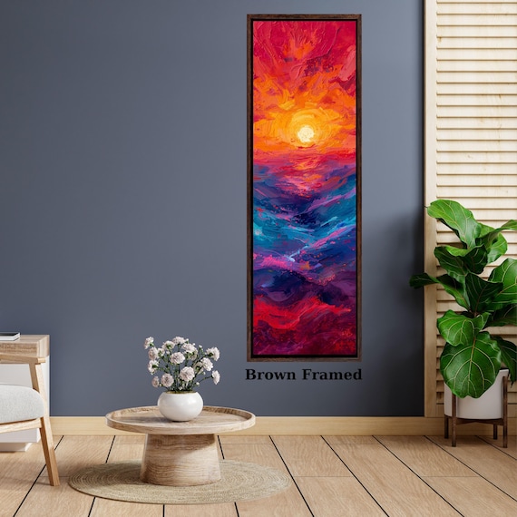 Panoramic Sunset Ocean wave Canvas Wall Art,Framed Canvas Japanese Style Mid Century Exhibition Long Narrow Print,Large Modern Living Room