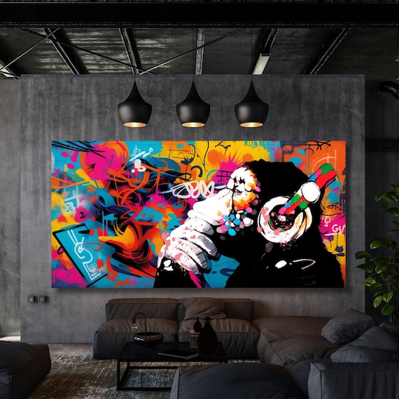 Banksy DJ Monkey Canvas Wall Art Banksy Thinking Monkey Music Thinker Graffiti Wall Art Extra Large Wall Art Gorilla Chimp Ready to Hang