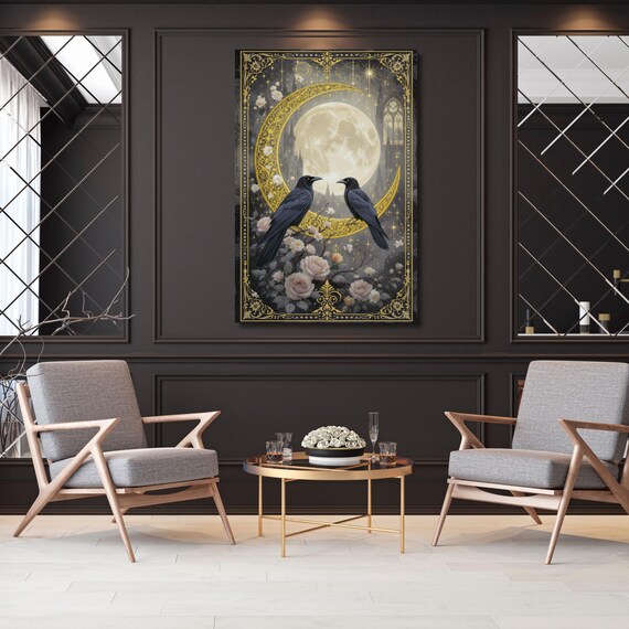 Raven Couple in Dark Forest Canvas Wall Art Print Vintage Dark Cottagecore Gothic Wall Art Decor Dark Academia Artwork Retro Art gift Canvas