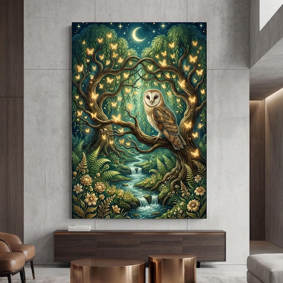Moody Dark Forest Wall Art, Magical Nature Canvas Print, Forest Spirit Owl Portrait, Emerald Green and Gold Home Decor, Large Vertical Art