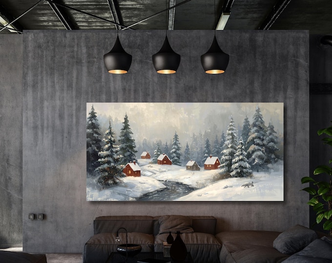 Cozy Winter Village Scene Canvas – Snow Covered Homes Wall Art, Rustic Holiday Christmas Decor