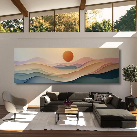 Abstract Sunset Panoramic Sun Canvas Art boho Decor for Above BedFamous Art,Large Wall Art, Minimalist Canvas Art, abstract Waves Line Art