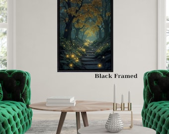 Twilight Forest Canvas Wall Art Enchanted Path Print with Glowing Fireflies Mystical Woodland Scene for Bedroom or Living Room Wall Decor