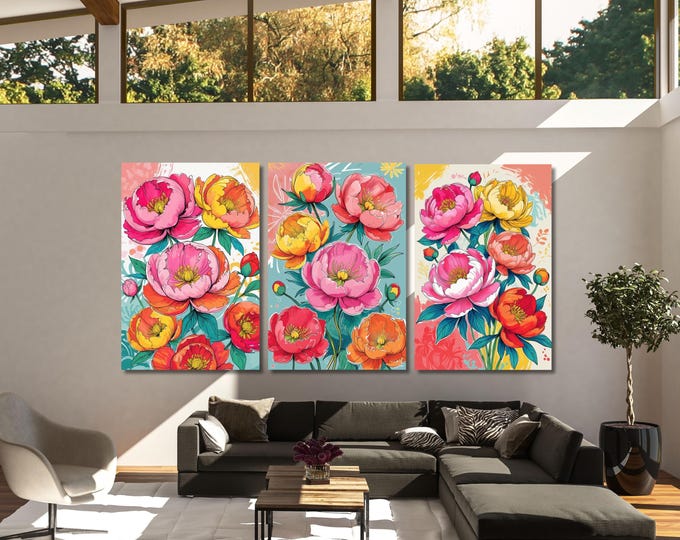 Set of 3 Summer Peony Canvas Prints Colorful Quirky Handdrawn Floral Wall Art Bright Botanical Flowers for Bedroom Kitchen or Gallery Wall