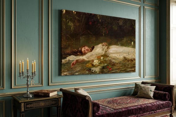 Ophelia by Friedrich Heyser Canvas Art, Dark Academia Decor, Moody Floral Wall Art,Shakespeare Hamlet Painting, Vintage Woman in Water Print