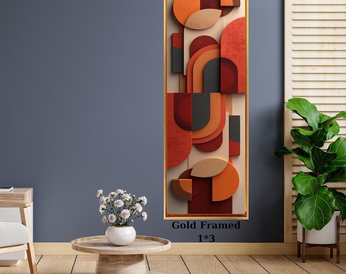 Terracotta Geometric Abstract Canvas, Textured Relief Style Wall Art, Gold Framed Modern Mid Century Poster, Warm Earth Tones Decor