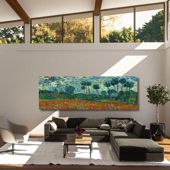 Panoramic Vincent Van Gogh field with poppie Canvas Wall Art,Green Art,Vintage Art,Minimalist Art Gogh Reproduction Print Art,Christmas Gift