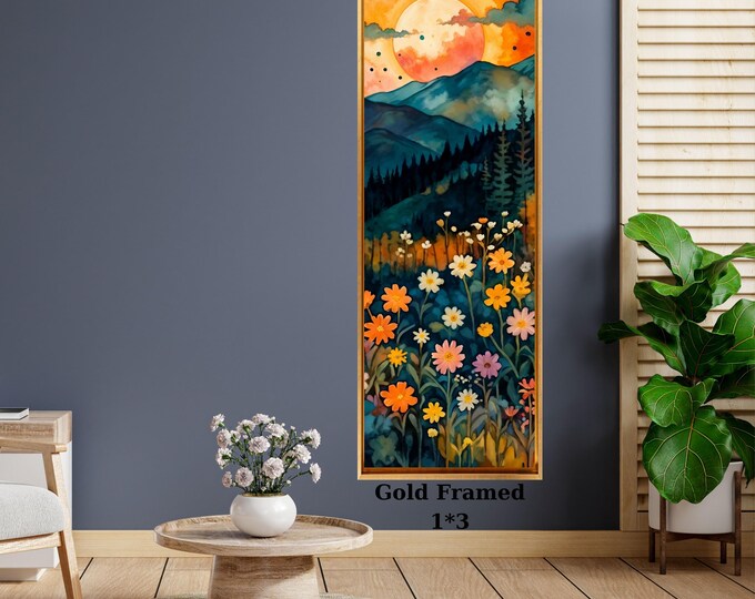 Klimt Style Floral Canvas, Full Moon Wildflower Landscape, Gold Framed Wall Art