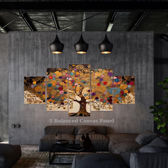 5 Piece Gold Tree of Life Canvas Set, Klimt Style Red Roses & Blue Irises Wall Art, Multi Panel Framed Luxury Decor, Large Floral Mural Gift