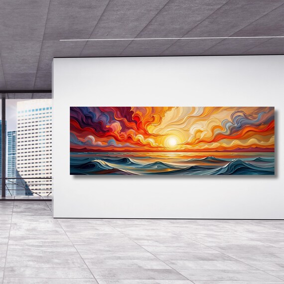 Panoramic Sunset Ocean wave Canvas Wall Art,Framed Canvas Japanese Style Mid Century Exhibition Long Narrow Print,Large Modern Living Room