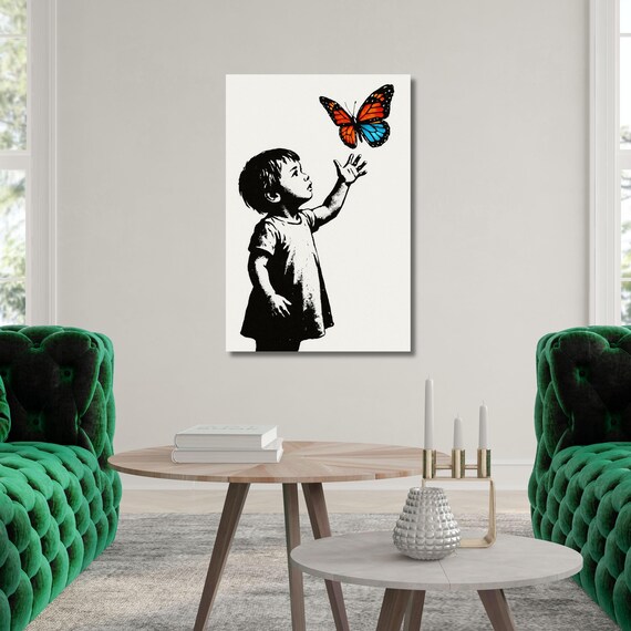 Colorful Butterfly boy Canvas Wall Art, Banksy Street Art, Trendy Wall Decor, Christmas Gift Banksy Wall Art, Graffiti Wall Art Gift Canvas