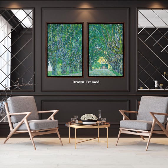 Set of 2 Gustav Klimt Avenue to Schloss Kammer Canvas Wall Art,Framed Green Landscape Print,Vintage Minimalist Nature Decor for Home or ART