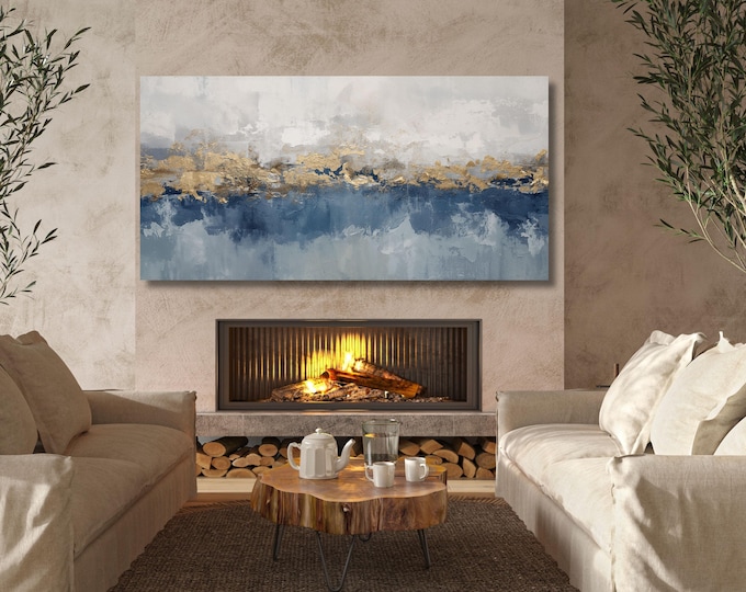 Blue Gold Abstract Canvas Wall Art, Large Horizontal Framed Print, Oversized Minimal Modern Painting, Luxury Home Decor Wall Hangings art