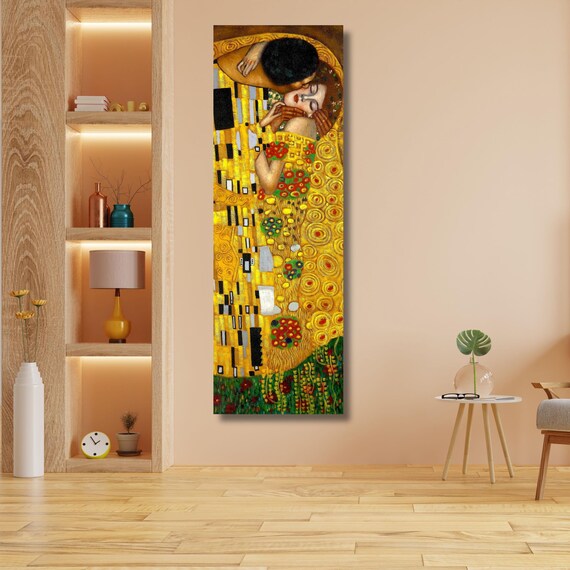The Kiss by Gustav Klimt Canvas Wall Art, Long Narrow Famous Golden Lovers Painting Print, Classic Romantic Wall Decor, Art Nouveau Gift art
