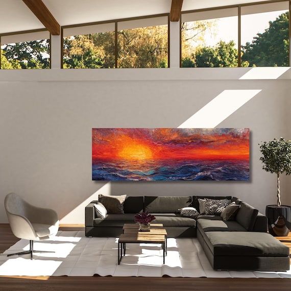 Panoramic Sunset Ocean wave Canvas Wall Art,Framed Canvas Japanese Style Mid Century Exhibition Long Narrow Print,Large Modern Living Room