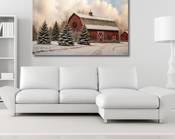 Vintage Christmas Farmhouse Canvas Art, Winter Barn Print