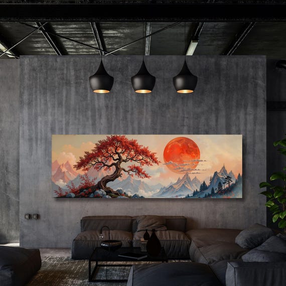 Panoramic Japanese Maple Tree at Sunset canvas Wall Art Tree Of Life Vintage Japanese Inspired Tree Sunset Print Canvas Art Retro Japanese