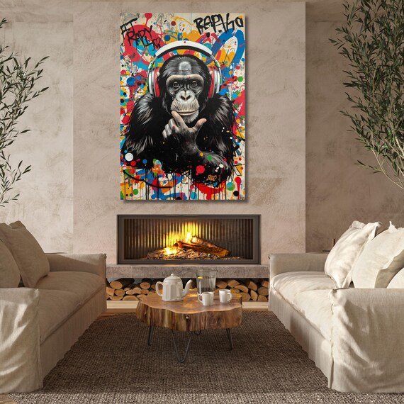 Banksy DJ Monkey Canvas Wall Art Cool Graffiti Style Chimp Print Street Art Decor for Music Lovers Game Room or Teen Bedroom Chimp Poster