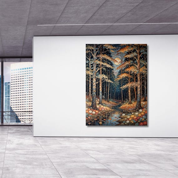 Full Moon Wildflower Canvas, Flower Garden Flower Market canvas, Moonlit Pine Tree Forest wall Art, Rustic Mountain Art, Woodland Klimt Gift