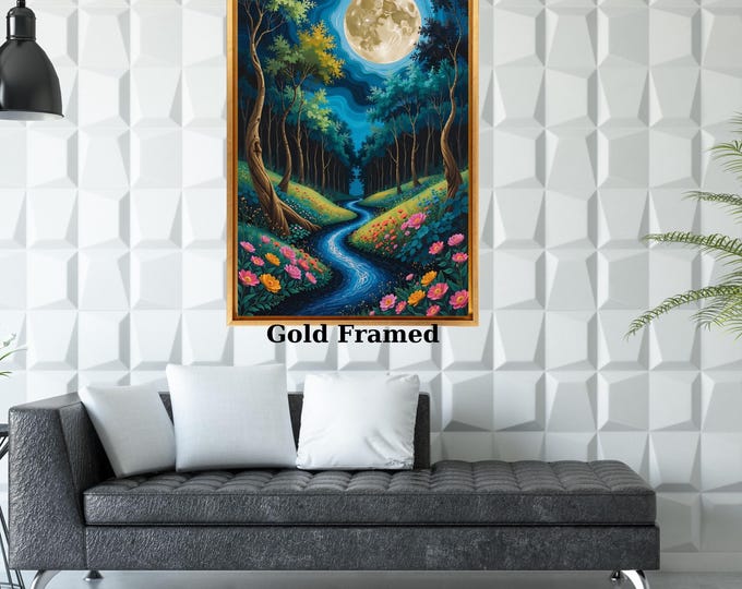 Gustav Klimt Style Magical Forest Canvas Wall Art with Full Moon Sky and River Dreamy Nature Print for Bedroom or Living Room Wall Decor art
