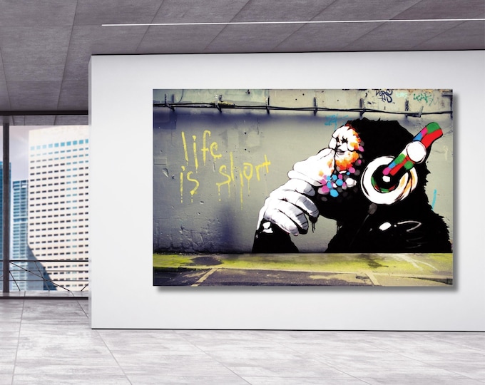 Banksy DJ Monkey Canvas: Street Art Gorilla with Headphones