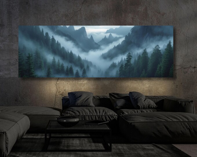 Panoramic Forest mountains Canvas Wall print misty foggy mountains photography green forest landscape print large nature wall Exhibition art