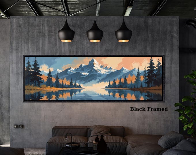 Mount Rainier Mid Century Modern Canvas Print, Dark Floral Boho Panoramic Wall Art