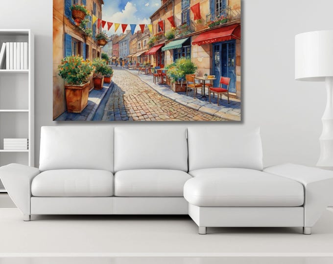 Cobblestone Street Watercolor Painting - Bright Houses and Garden