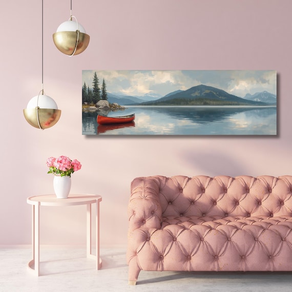 Lone Wooden Red Canoe Floating In Lake Canvas Wall Art Art, Oversize Nature Print with Elegant Modern Wall Hangings Klimt Landscape