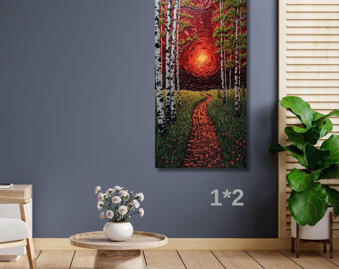 Red Sunset Forest Path Canvas Wall Art – Vertical Nature Landscape Modern Decor