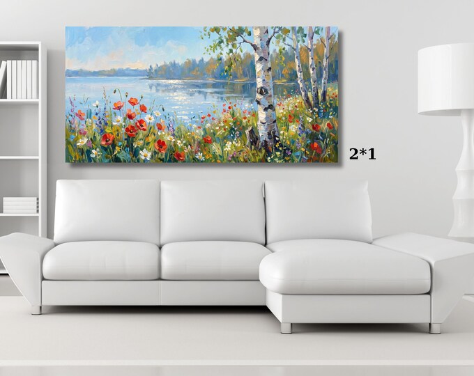 Panoramic Lake Landscape Canvas Art, Birch Tree and Red Poppies Wall Decor,Impressionist Nature Painting, Large Horizontal Living Room Decor
