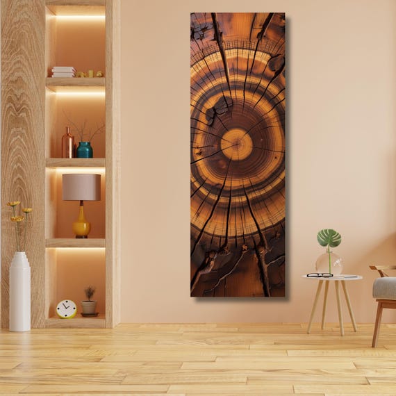 Tree Rings Long Narrow Canvas – Rustic Wood Texture Wall Art for Hallway or Above Bed – Natural Earth Tone Print for Modern or Cabin Decor