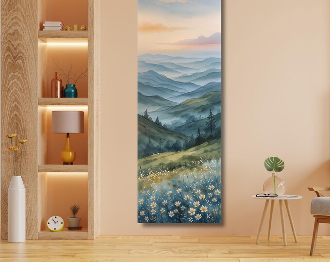 Nature Canvas Wall Art, Smoky Mountains with Spring Flowers (Narrow Vertical)
