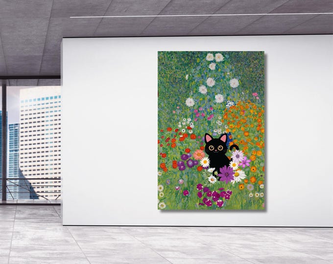 Canvas Wall Art: Klimt Black Cat in Garden - Vibrant Floral Print