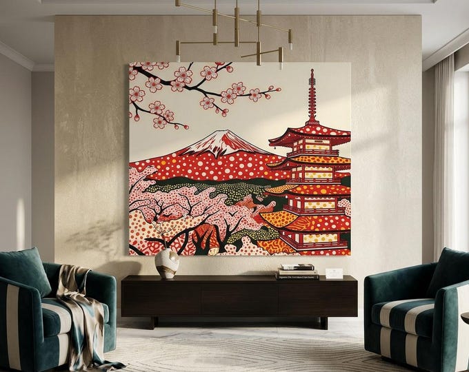 Japanese Pagoda Canvas Wall Art, Mount Fuji Cherry Blossom Print, Red Gold Wall Decor, Japandi Sakura Painting, Asian Zen Art Poster