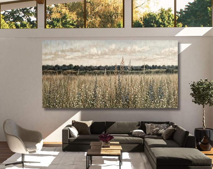 Wildflower Field Landscape Oil Painting Canvas Wall Art (Digital Download)