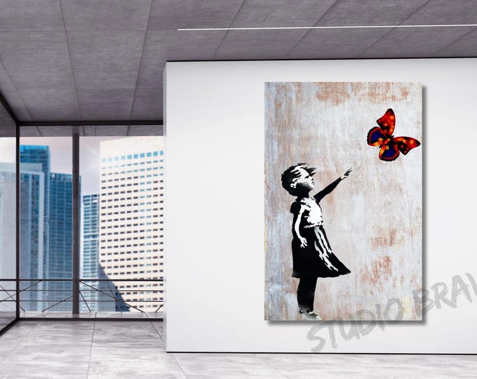 Girl Reaching Butterfly Canvas Art, Banksy Graffiti Style Wall Decor
